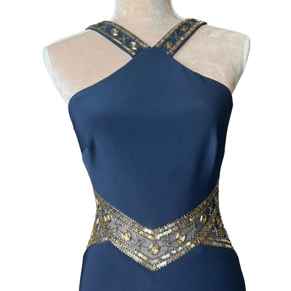 Betsy Adams Navy Gold Grecian Gown - Picture 2 of 16
